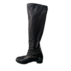 Stuart Weitzman Moto Over Knee Boot Black Leather Stud Ankle Wrap Belt Size 8